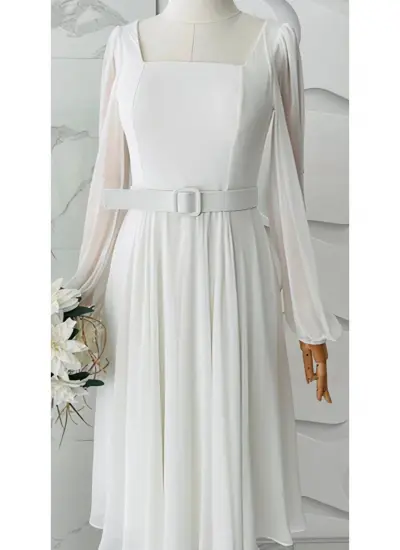 Beyaz Janjanlı Kare Yaka Şifon Abiye & Mezuniyet Elbise