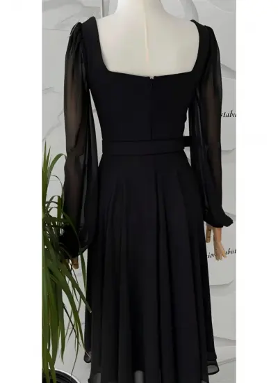 Siyah Janjanlı Kare Yaka Şifon Abiye & Mezuniyet Elbise