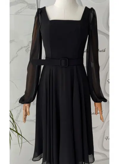 Siyah Janjanlı Kare Yaka Şifon Abiye & Mezuniyet Elbise