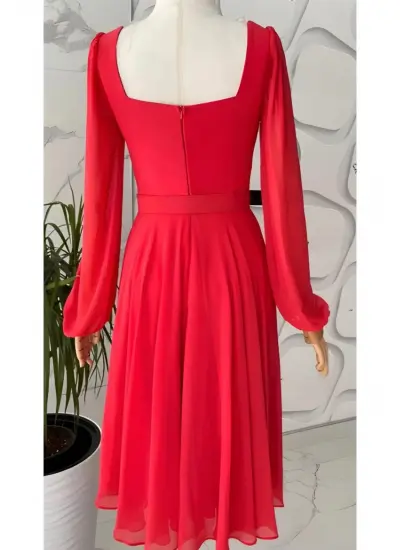 Kırmızı Janjanlı Kare Yaka Şifon Abiye & Mezuniyet Elbise
