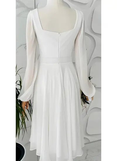 Beyaz Janjanlı Kare Yaka Şifon Abiye & Mezuniyet Elbise