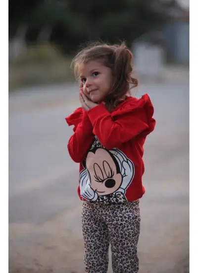 Minnie Mouse Kırmızı Kol Detaylı Leopar Desen Taytlı Kız Çocuk Alt Üst Takım