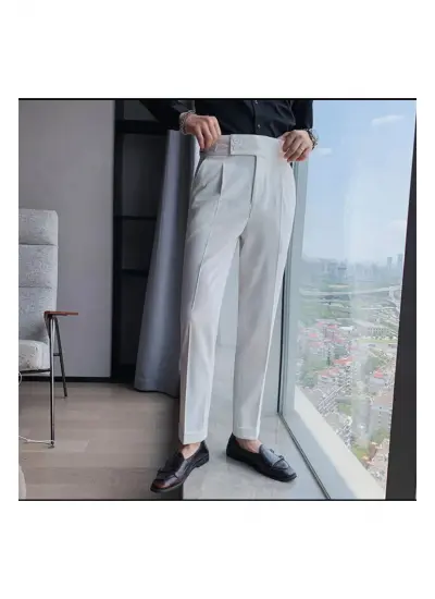 Beyaz Erkek Italyan Kesim Kumaş Pantolon Bel Düğmeli Old Money tarz