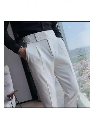 Beyaz Erkek Italyan Kesim Kumaş Pantolon Bel Düğmeli Old Money tarz