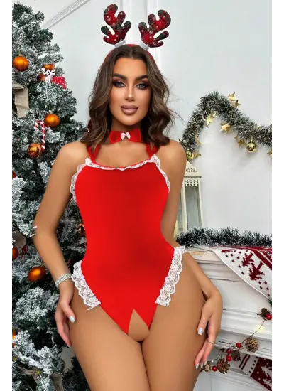 Bella Notte Kırmızı Yılbaşı Temalı Seksi Kostüm Bodysuit 15082
