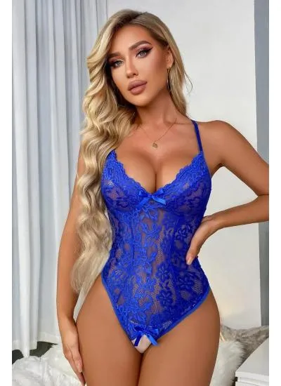 Özel Bölgesi Açık Dantelli Saks Babydoll Gecelik 15030